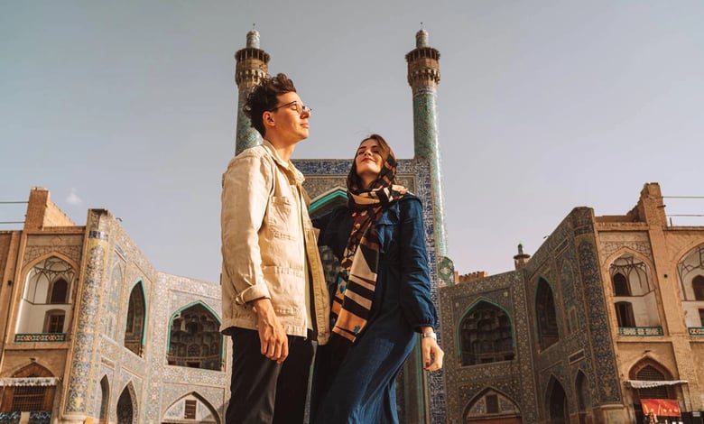 Stylish Young Couple Standing Near Jameh Mosque Of Yazd