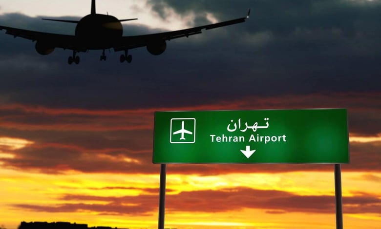 Airplane Landing In Tehran With A Sunset Backdrop And An Airport Direction Sign