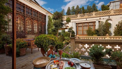 Chicken Kebab With Vegetables At A Boutique Hotel Terrace, Isfahan