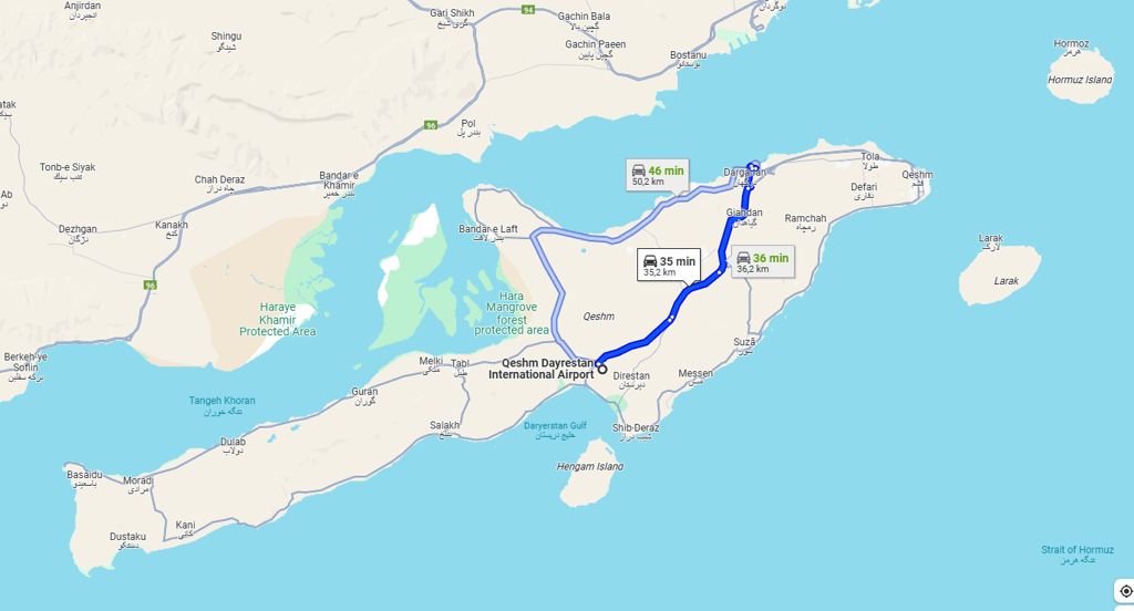 Route From Qeshm International Airport To Singo Hotel On Google Maps.