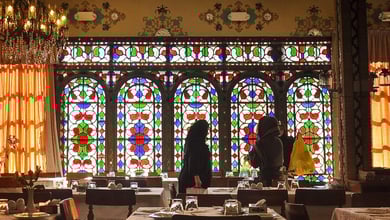 Local Women Dressed In Chador Gathered For Lunch In Restaurant Shahrzad, Isfahan, Iran Intricate Stainedc Glass Windows