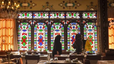 Local Women Dressed In Chador Gathered For Lunch In Restaurant Shahrzad, Isfahan, Iran Intricate Stainedc Glass Windows